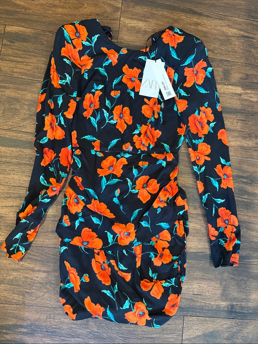 Zara Black Long-Sleeve Mini Dress with Bright Orange Floral Print